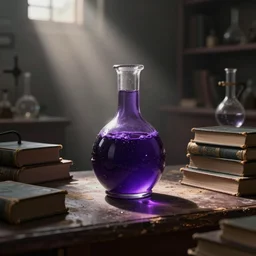 dark purple highly poisonous potion, lit by a single ray of sunlight, on a table full of books in a dusty vintage science lab, hyperrealistic fantasy art, concept matte, ethereal, dreamy, digital art, trending on arstation, volumetric cinematic lighting