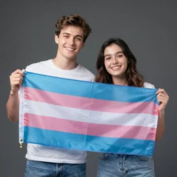 a guy and a girl holding a trans flag, happy, artstation, smooth, high quality, 8k
