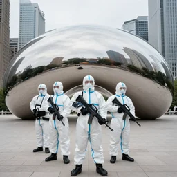 chinese soldiers in hazmat suits carrying machine guns, detailed faces, cloud gate chicago, grey skies
