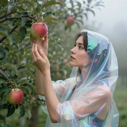 a closeup portrait of a woman draped in iridescent vinyl, picking apples from a tree in an orchard, foggy, moody, photograph, by vincent desiderio, canon eos c 3 0 0, ƒ 1. 8, 3 5 mm, 8 k, medium - format print