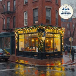 a painting of a street corner in the Haight neighborhood with a coffee shop covered in christmas lights, by Tyler Edlin and leonid afremov, behance contest winner, american scene painting, concept art, streetscape, rainy, cozy