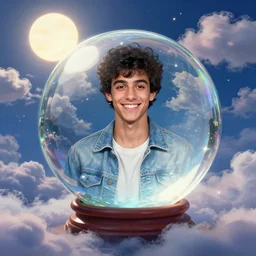 portrait of a ( ( ( crystal ball ) ) ), ( ( handsome young hot cheerful persian boy ) ), lleno de nubes y magia, el sol, concept character, by greg rutowski and tezuka and oi and mucha and bierstadt and remington, trending on artstation