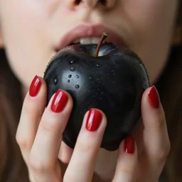 a woman with red nails clutching a black apple, 3 5 mm macro photograph