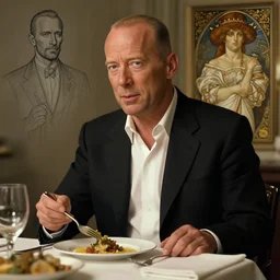bruce willis eating dinner, character sheet, character design, contrast, deep focus, turnaround, highly detailed, dramatic lighting, digital painting, artstation, concept art, matte, sharp focus, illustration, elegant, art by artgerm and greg f and alphonse mucha.