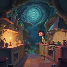naive, weird perspective, cel shading, pastel, epic detailed illustration of a kitchen dim lit by 1 candle in a scenic spiral environment by anton fadeev from lorax movie, trending artstation