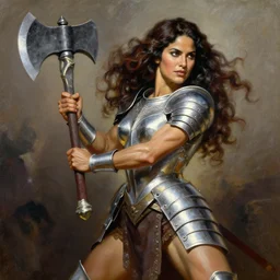 A Frank Frazetta oil painting of a beautiful muscular Salma Hayek wearing silver armor holding a large battle axe , dynamic shot , HD 4k , intricate , highly detailed , atmospheric , sharp