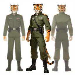 portrait male anthro tiger dressed in military clothes character full body precis no blur, concept art, character sheet, nier automata, gaston bussiere, greg rutkowski, tsutomu nihei, cyberpunk, trending on artstation, featured on pixiv, hyper detail, cinematic composition, 8 k, detaiped face
