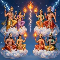 jesus buddha and hindi gods fighting each other from clouds, the gods throw fire and lightning, 7 entities, painted symmetraclly, non repeating pattern