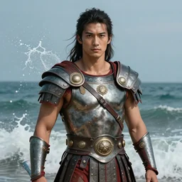 full body portrait of ian bohen as a gladiator. background splashing ocean. detailed face, concept art, intricate, highly detailed 8 k, smooth, sharp focus, handsome and aesthetic shape of face and body, artgerm, artstation, art by zexi guo and nira and junpei suzuki and gharliera and rinotuna
