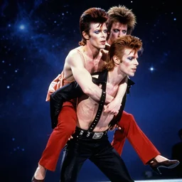 david bowie giving a piggy back ride to ziggy stardust. glam rock. cosmic. dean ellis