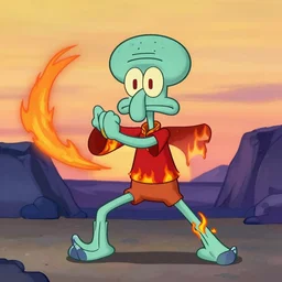 tentacled squidward wearing fire nation clothing and practicing firebending outside at susnset, [ greg rutkowski ]