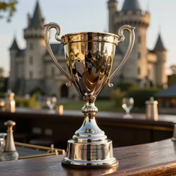 a reflective steel engineering trophy at a high end bar in a medieval themed castle in golden afternoon light, professional food photography