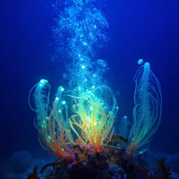 an underwater alien ocean, filled with bioluminescence, twirling glowing sea plants, neon colors, and a mystical misty glow, ethereal