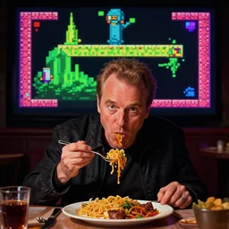 robert plant eating dinner gameplay still frame, 4 colors, pixel art, retro, splash screen, level design, high contrast, background, deep focus, highly detailed, dramatic lighting, digital painting, artstation, concept art, matte, greg rutkowski, moebius, illustration.