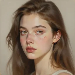 a portrait of a very beautiful woman with a thin scar across her left cheek, brown eyes, shoulder-length brown hair, illustration, soft lighting, soft details, painting oil on canvas by mark arian by artgerm, trending on artstation, 4k, 8k, HD