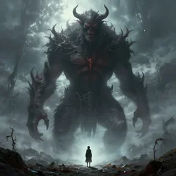 a tall mythical humanoid monster looming over a tiny human in an epic landscape, ethereal fantasy, blooodborne, artstation, agostino arrivabene, james gurney