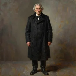 full figure full length body portrait of an old stooped manservant grey hair with full length black coat, black boots, painting by james guthrie, digital painting, realistic, hyper realistic, photorealism, expressive emotions, octane render