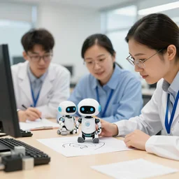 machine learning researchers teaching a cute tiny robot how to draw