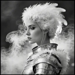 head and shoulders portrait of a female knight made of milk feather and white smoke, glamor shot, portrait, ilford hp 5, f / 2. 8, black and white, high contrast, 1 6 k, lonely, perfectionism, halfrear lighting, insanely detailed and intricate, hypermaximalist, super detailed
