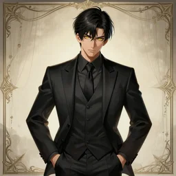 a highly detailed illustration of young attractive black haired asian boy wearing black suit and tie with coattails, yellow eyes, dramatic elegant pose, strings background, intricate, elegant, highly detailed, centered, digital painting, artstation, concept art, smooth, sharp focus, league of legends concept art, wlop.