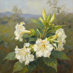 oil painting of landscape with brugmansia suaveolens flowers, realistic