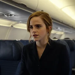 emma watson, inside airplane, film still, low contrast,