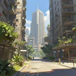 hyperdetailed digital paint by krenz cushart, brutalist city. pedestrian view. plants. sunny day.