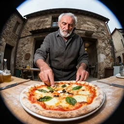 an old italian man making pizza in skyrim, fisheye lens