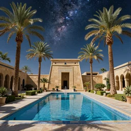 a beautiful painting of a tiled pool surrounded by tall palm trees and egyptian architecture underneath a star and nebula filled night sky