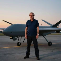 aesthetic illustration of jeffrey epstein, wearing a dark blue polo shirt, standing by his global hawk surveillance drone on an empty runway at dusk, cinematic lighting, high detail, volumetric lights, pinterest wallpaper, trending on artstation