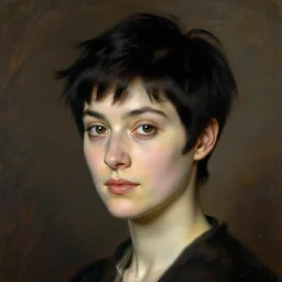 portrait of a woman with a black pixie cut, in the style of john singer sargent