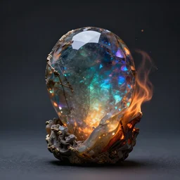 iridescent gemstone sculpture embers in the wind, cinematic