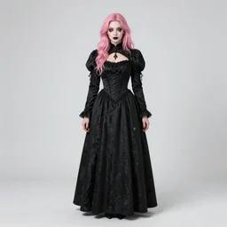 [ [ vampiric ]! woman with pink hair and goth makeup! ]! posing in a [ medieval black dress ]!, standing in front of a [ blurred background ], trending on [ artstation ], digital art, fred arsenault, 4 k, contest winner, award winning, zbrush!!, 3 d render!, golden ratio!, symmetrical!