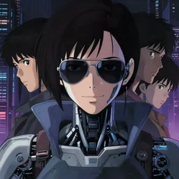 a film still of a japanese cyberpunk cyborg girl with a smirk, finely detailed features, cyborg robot parts, aviators, closeup at the faces, dramatic cinematic, at cyberpunk city, ghost in the shell, cinematic lighting, in danger, noir, trending on pixiv fanbox, painted by greg rutkowski makoto shinkai takashi takeuchi craig mullins, alphonse mucha, studio ghibli, pixiv