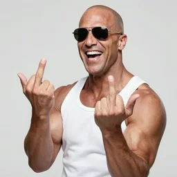 a narcissist duke nukem wearing a tank top, sunglasses, showing middle finger, laughing at his house being on fire, high quality, very detailed, a beautiful photo, national geographic quality