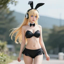 full body shot : a very beautiful young blond anime girl with bunny headphones, sky blue eyes,, bikini, miniskirt, highly detailed, cinematic wallpaper by stanley artgerm lau
