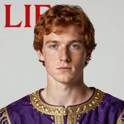 a regal close - up, studio photographic portrait of a young man with auburn hair and freckles wearing a purple gilded medieval byzantine tunic, neutral flat lighting, overcast, hard focus, shot on a sigma 1 3 5 mm camera, featured in life magazine, 8 k, hd, heavy freckles, heroic, glorious, regal, clean shaven