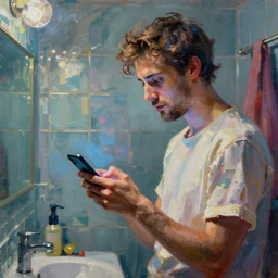 a beautiful glitched oil painting of a man looking at his phone in a bathroom, by christian hook, color bleeding, brushstrokes by jeremy mann, cold top lighting