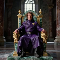 Film still of Christopher Walken as Emperor Shaddam IV (Dune) sitting on a throne in dark long Romanesque marble-clad hall, sunlight shines through small ornate windows casting shadows,  throne made of green quartz and gold with lion-shaped-arm-rests, Christopher Walken is wearing ornate Tyrian-purple regal leather uniform with two gold-lion-shaped-pins, dark atmospheric lighting, intricate details, cinematography by Stanley Kubrick, Ridley Scott