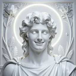 portrait of smirking young god apollo, wavy blond hair, bright halo, glowing eyes, volumetric lights, platinum scheme, art nouveau botanicals, gothic, intricate, highly detailed, digital painting, artstation, concept art, smooth, sharp focus, symmetric face, illustration, steampunk, art by artgerm and greg rutkowski and alphonse mucha