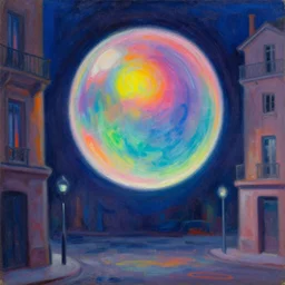 oil painting, the iridescent ball, floating ominously around the city corner by rene magriette and max ernst, neon gradient, tachisme