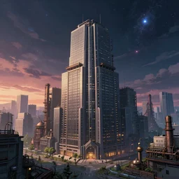 a beautiful photorealistic illustration of industrial architecture bank building city urbex architecture by kengo kuma, retrowave landscape universe anime wilderness dieselpunk at dawn at dusk nightvision tokyo assassin's creed evil matte painting galactic fantasy, archdaily, wallpaper, highly detailed, trending on artstation.
