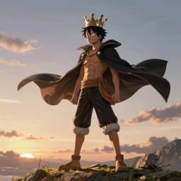 Luffy from One Piece wearing a crown on top of a hill, Luffy wearing an oversized cloak in the wind, cinematic scene at evening