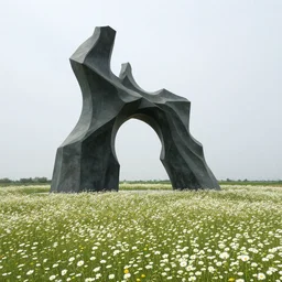a giant jean arp sculpture in the foreground of a meadow of daises, visible horizon, overcast day
