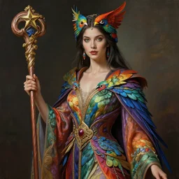 an anthropomorphic beautiful goddess female wizard made of colourful bird portrait holding a staff wearing colourful robe, fine art, award winning, intricate, elegant, sharp focus, octane render, hyperrealistic, cinematic lighting, highly detailed, digital painting, 8 k concept art, art by jamie hewlett and z. w. gu, masterpiece, trending on artstation, 8 k