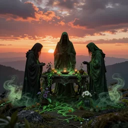3 robed figures around an altar with flowers and plants, green spilling, on a mountain overlooking the vast and beautiful sunset, swirling magic dust, hyper realistic, ultra realistic, octane render, eerie, dark, cinematic, hypermaximalistic, high details, artstation trending, unreal engine