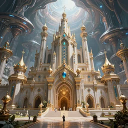 highly detailed ornate with jewels and precious metals majestic in the entrance castle kingdom of shambala, space ships, futuristic, land of advanced races, giants, hollow earth, hiperrealistc, global illumination, radiant light, detailed and intricate environment. art by oleg oprisco, 8 k
