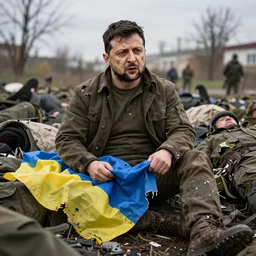 Volodymyr Zelensky  at war,  dressed like  Napoleon Bonaparte, his clothes are torn and dirty, he is sitting between dead corpses and weeping, holding a half burnt blue and yellow flag of Ukraine, in the style of  Roy Lichtenstein