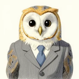 a shoot of an anthropomorphic barn owl wearing a suit in a Studio Ghibli movie,pencil art by Studio Ghibli,colored by Studio Ghibli,symetric face and body