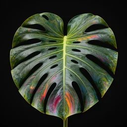 colorful beautiful monstera plant leaf, volumetric dramatic light, dark black background, sharp focus, highly realistic, octane render, art by greg rutsowski
